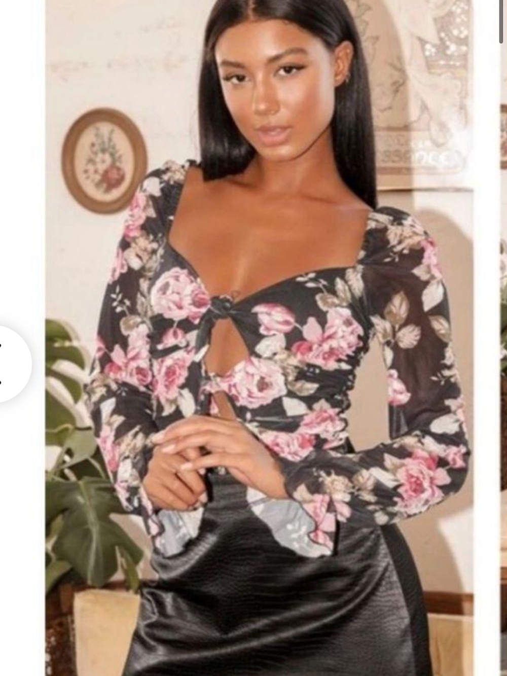 Lulu's Black Floral Tie-Front Long Sleeve Bodysuit